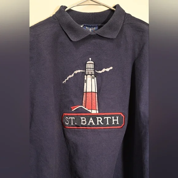 Oarsman Embroidery St Barth Oversize Navy Blue Cotton Sweater Coastal Nautical M - Picture 6 of 14